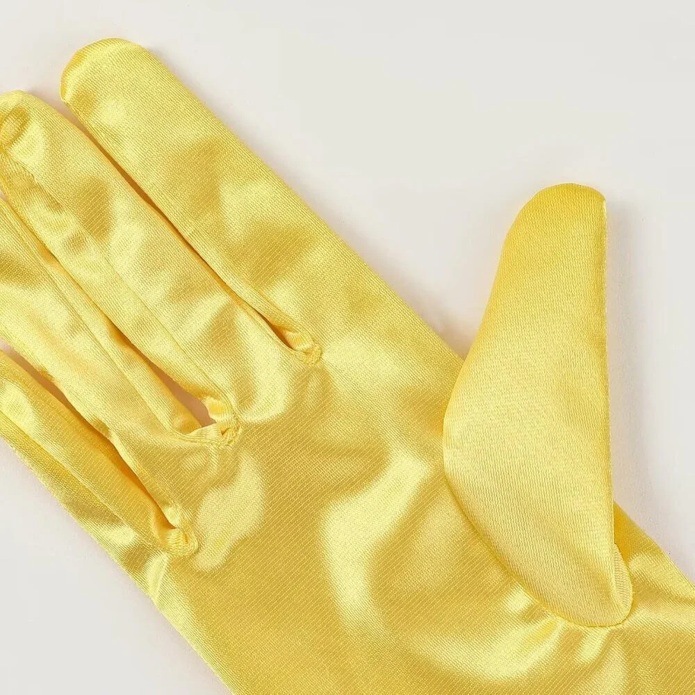 Women's Yellow Satin Pearl Short Length Wrist Gloves Wedding Banquet Party Prom